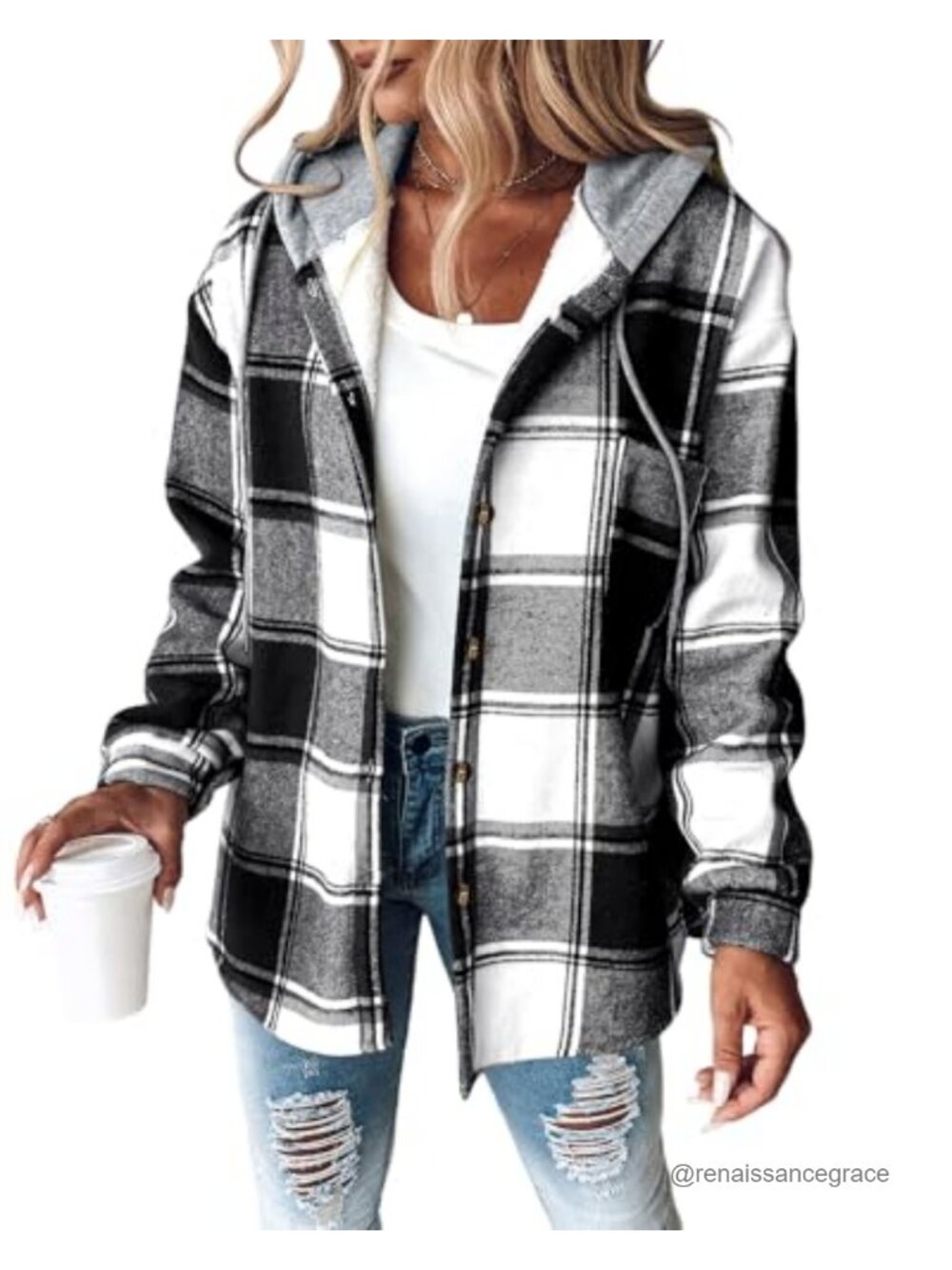 Plaid Hooded Fleece Lined Shacket Button Down Casual Jacket